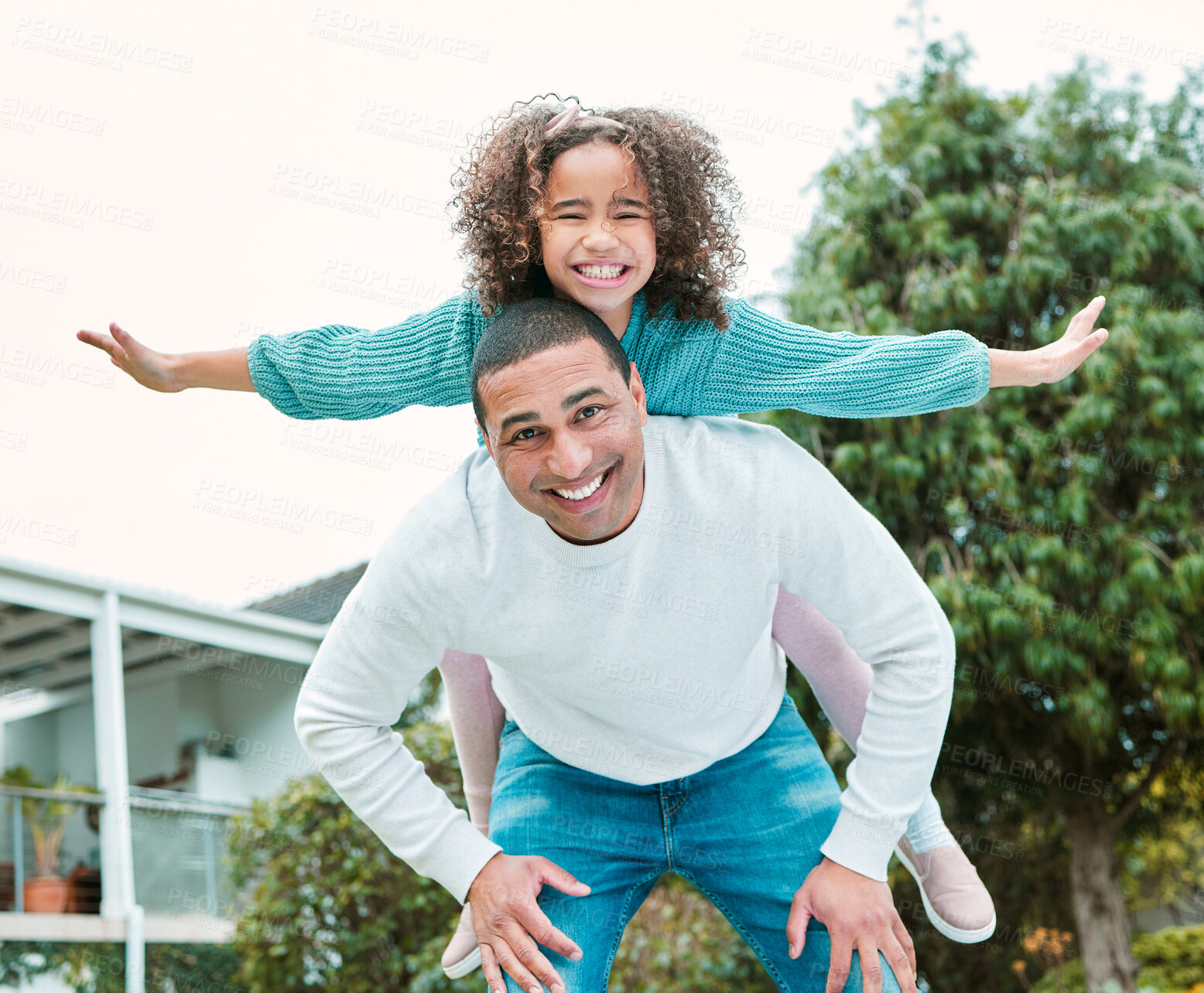 Buy stock photo Father, girl and airplane with portrait in garden, playful and connection with love in home backyard. Man, dad and kid for piggy back on excited, games and flight with happy family in Colombia