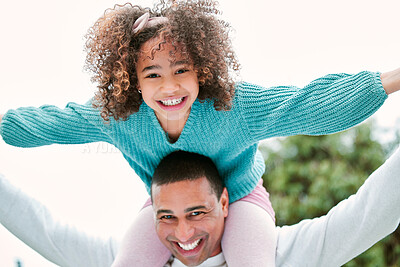 Buy stock photo Father, girl and airplane on shoulders in portrait at park, playful and connection with love on holiday. Man, dad and kid for piggy back on vacation, games and flight with happy family in Colombia