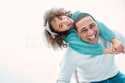 Buy stock photo Happy, park and portrait of dad with child for playing, bonding and adventure outdoors. Childhood, family and father with girl for piggy back for laughing, cheerful and joy outdoors to relax together