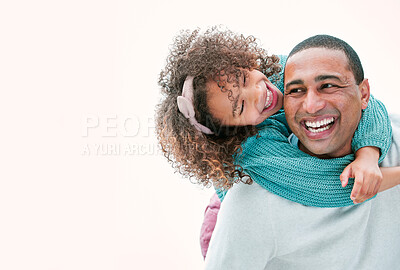 Buy stock photo Happy, piggy back and dad with child for playing, bonding and adventure in backyard. Childhood, family and father with girl with laugh, cheerful and joy outdoors to relax on weekend or holiday