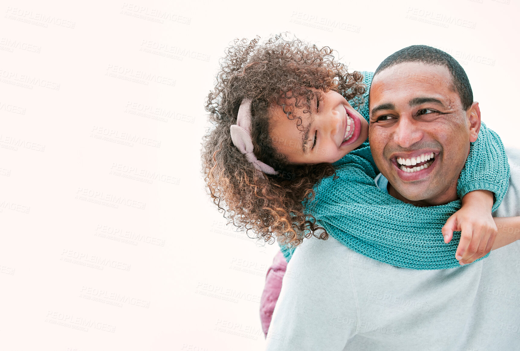 Buy stock photo Happy, piggy back and dad with child for playing, bonding and adventure in backyard. Childhood, family and father with girl with laugh, cheerful and joy outdoors to relax on weekend or holiday