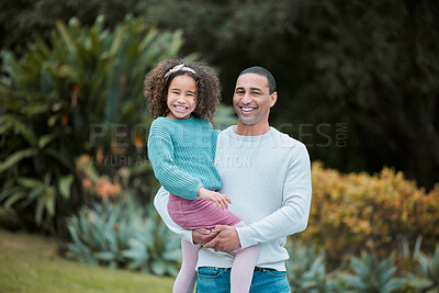 Buy stock photo Girl, father and hug in park for portrait with smile, love and outdoor together on vacation in summer. Man, dad and daughter child with embrace, carry and care on lawn, nature and trees in Colombia