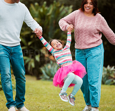 Buy stock photo Happy, garden and parents with child for playing, bonding and adventure in backyard. Childhood, family and father, mother with girl holding hands with laugh, cheerful and joy outdoors to relax