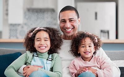 Buy stock photo Sofa, happy and portrait of dad with kids for bonding, loving relationship and relax together in home. Family, fatherhood and father with girls in living room for affection, embrace and hugging