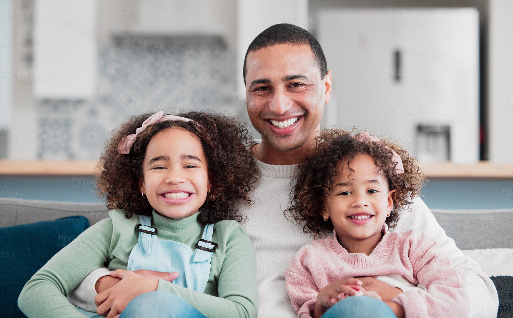 Buy stock photo Sofa, happy and portrait of dad with kids for bonding, loving relationship and relax together in home. Family, fatherhood and father with girls in living room for affection, embrace and hugging