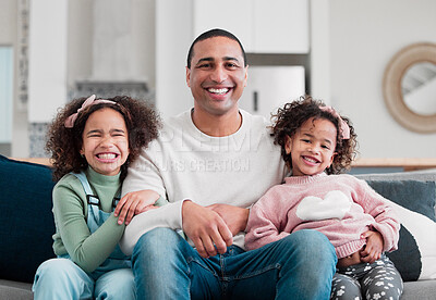 Buy stock photo Portrait of a father bonding with his two little daughters at home