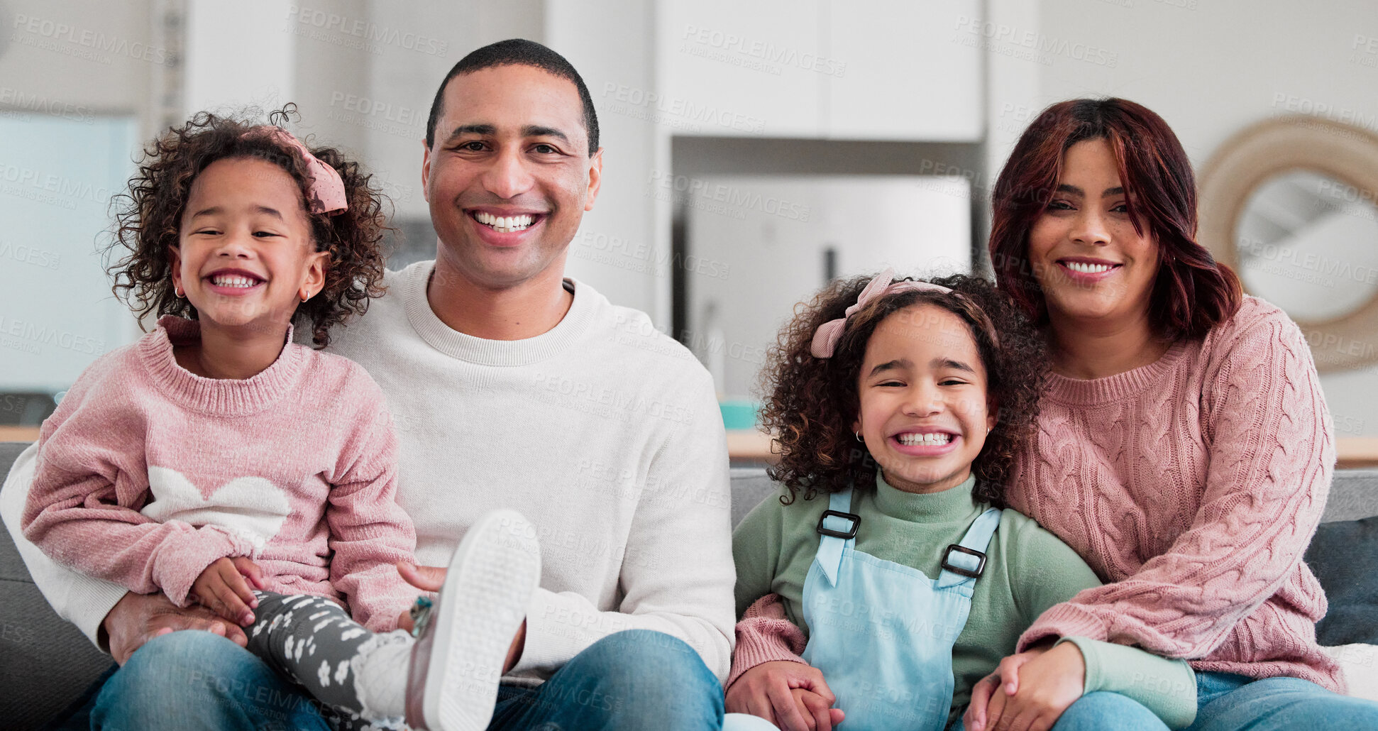 Buy stock photo Portrait of a happy family bonding together at home