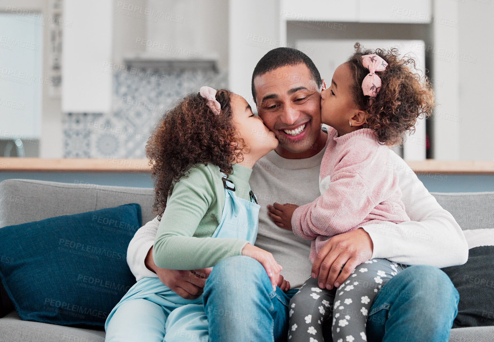 Buy stock photo Home, father and girls with hug, kiss and bonding together with love, kids and happiness in lounge. Apartment, embrace and daughters with dad, family and playful with childhood, comfort and care