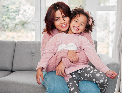 Buy stock photo Portrait of a mother bonding with her little daughter at home