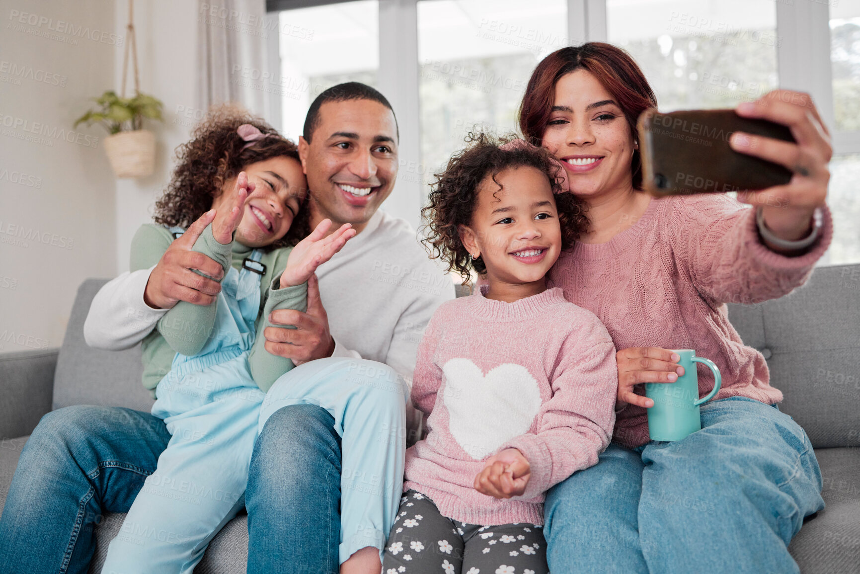 Buy stock photo Parents, children and happy for selfie on sofa with care, relax and memory in living room at house. Mother, father and smile together for photography, love or excited for social media in family home