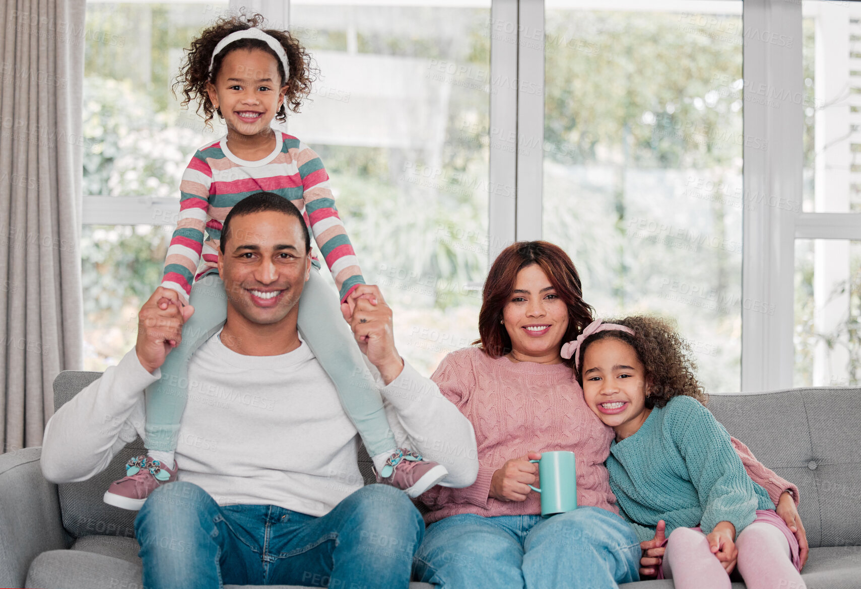 Buy stock photo Parents, girl and home with smile in sofa on portrait for bonding, support and care in Egypt. People, family and happy outside with kids for break, relax and rest on couch in living room with love