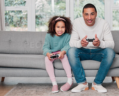 Buy stock photo Dad, girl and home with joystick for  video games in sofa at living room for fun, support and child development. Parent, kid and happy or smile on couch for bonding and entertainment on portrait