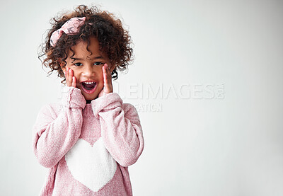 Buy stock photo Portrait, kid and girl with surprise, wow and reaction with facial expression on gray studio background. Face, model and child with news, info and shocked with omg, promotion and giveaway with deal