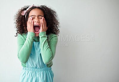 Buy stock photo Surprise, excited and child on studio mockup for announcement, omg and news. Shock, winner and girl on white background space for wow, competition results and amazing deal in casual fashion in Brazil