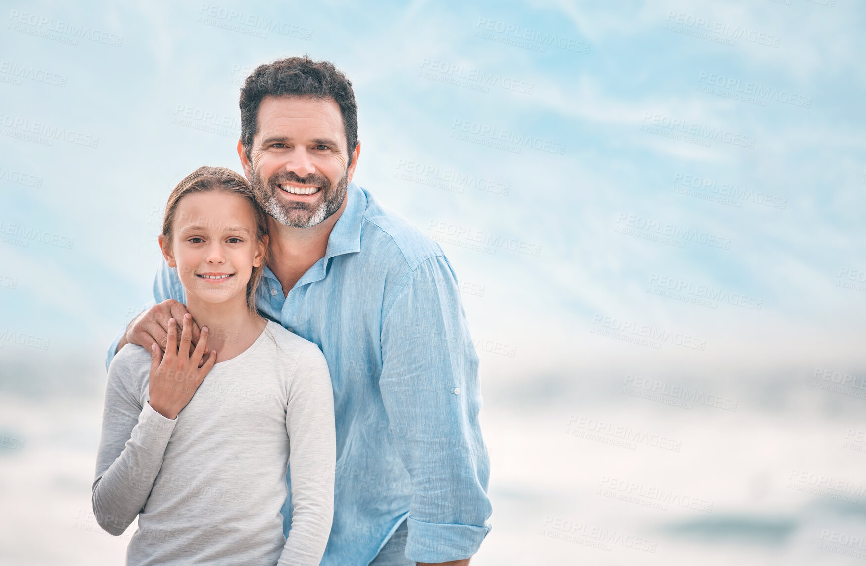 Buy stock photo Portrait, smile and father with daughter on beach together for holiday, travel or vacation. Hug, love or space with single parent man and girl kid embracing outdoor for bonding or wellness in summer