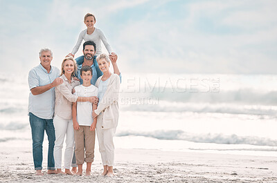 Buy stock photo Portrait, shoulders and smile with family on beach together for holiday, travel or vacation. Mockup space, love or wellness with senior people, parents and sibling children outdoor for summer bonding