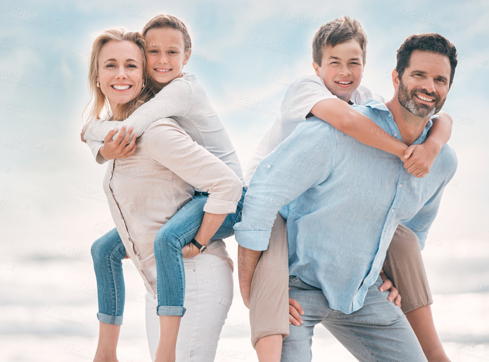 Buy stock photo Hug, piggyback and portrait with family on beach together for holiday, travel or vacation. Love, smile or summer with mother, father and happy sibling children outdoor for bonding or wellness