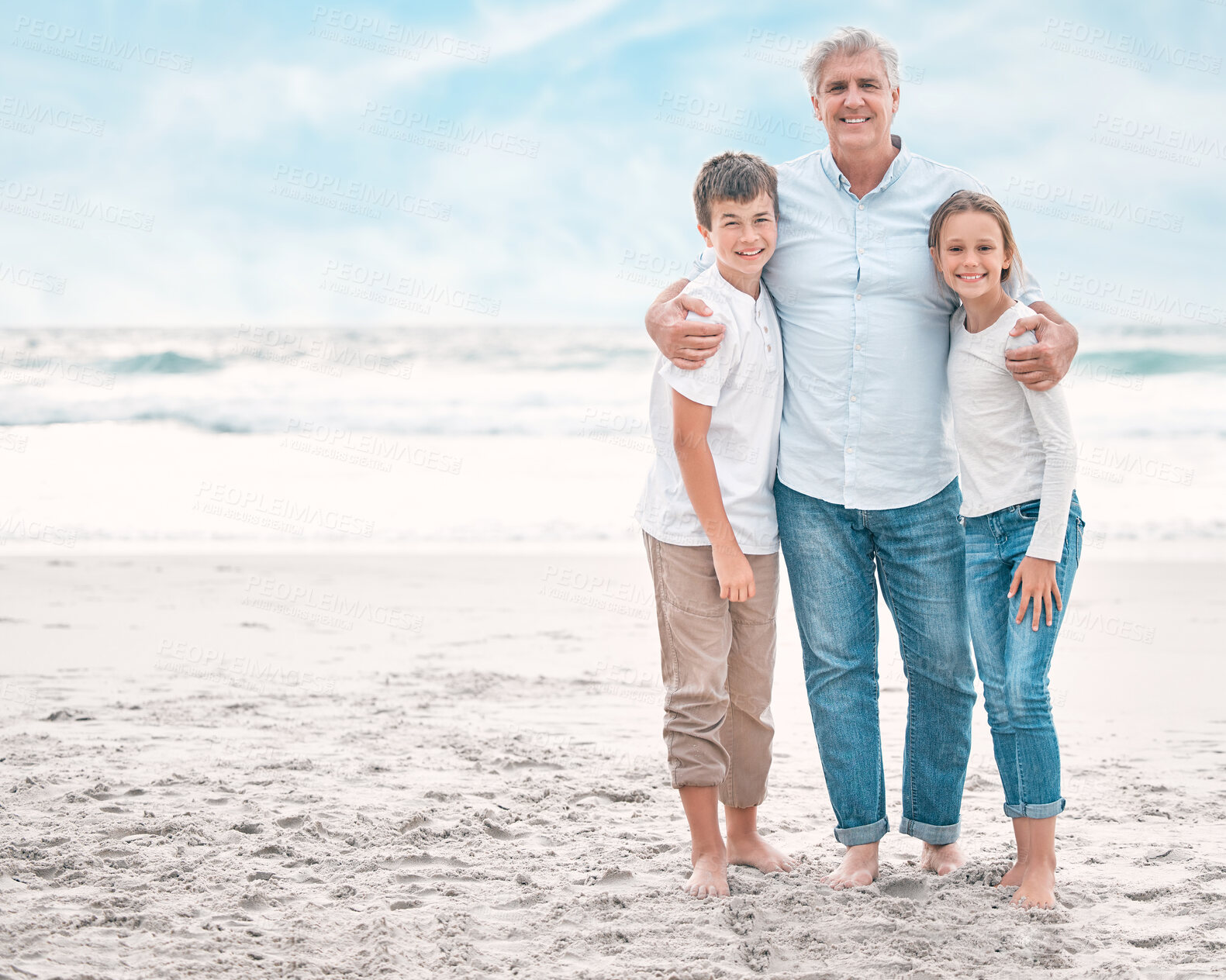 Buy stock photo Portrait of boy, girl and old man on beach together for holiday, travel or vacation. Hug, love or summer with smile of grandfather, brother and sister children outdoor on mockup space for bonding