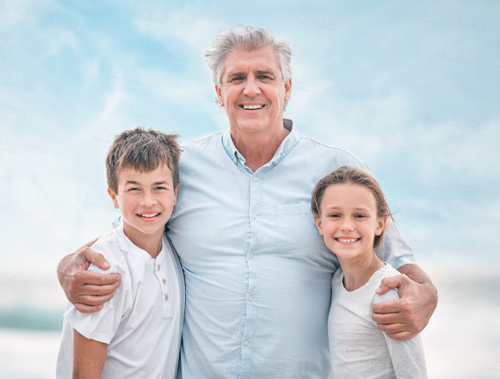 Buy stock photo Portrait of boy, girl and grandfather on beach together for holiday, travel or vacation. Hug, love or summer with smile of old man, brother and sister children outdoor for bonding or wellness