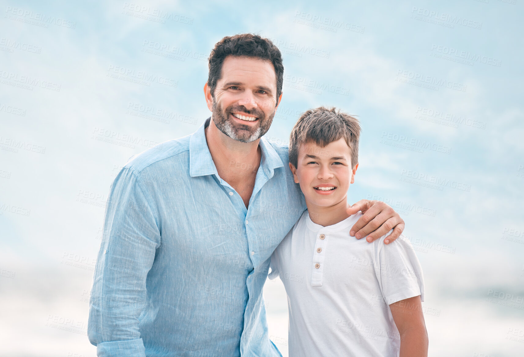 Buy stock photo Portrait, smile and father with son on beach together for holiday, travel or vacation. Hug, love or support with single parent man and boy child embracing outdoor for bonding or wellness in summer