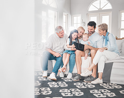 Buy stock photo Love, bonding and relax happy family with tablet streaming kid friendly movie, subscription video or show online. Big family generation of children, grandparents and parents enjoy fun quality time