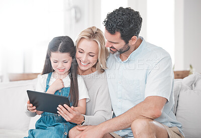 Buy stock photo Education, learning and girl with parents and tablet for cartoon, movie or video on the web. Social media, connection and mother and father with an app on technology and child in their family home