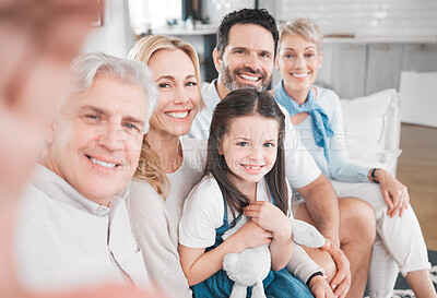 Buy stock photo Big family, happy and selfie on home sofa with grandparents, parents and child together. Relax, family home and photograph memory in Australia house with mother, dad and senior relatives.