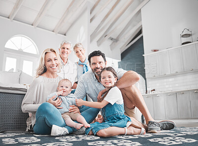 Buy stock photo Family, love and portrait of big family relax in the family home for fun and care with mother, father and grandparents. Generations, grandfather and grandmother with parents and children bond at home