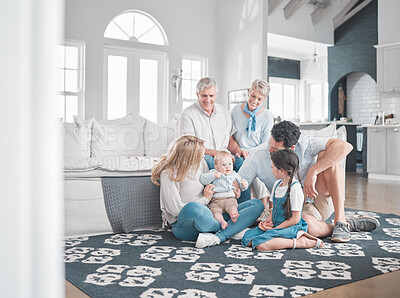 Buy stock photo Love, relax and happy big family with baby bond, quality time or care for newborn life growth in home living room. Leisure, together and generation grandparents, parents and youth children having fun