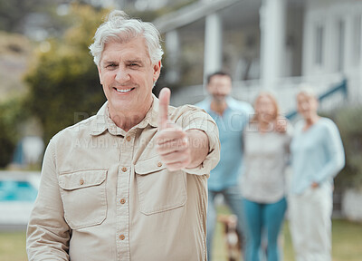 Buy stock photo Shot of a mature man showing a thumbs up in the garden at home