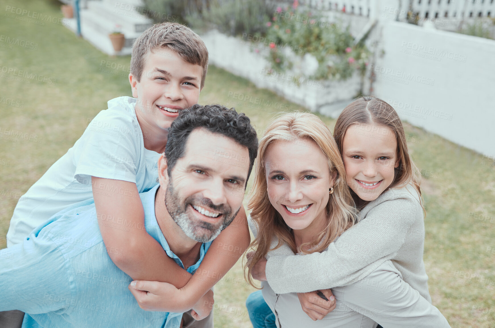 Buy stock photo Family, portrait and piggyback at home for relax, bonding and support together with smile on weekend. Parents, happy and carrying children at house for care, leisure and love with fun break in Canada