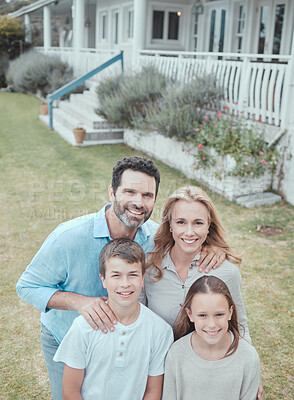 Buy stock photo Family, portrait and happy at home for bonding, relax and support together with smile on weekend. Parents, face and children at backyard of house for care, leisure and love with fun break in Germany