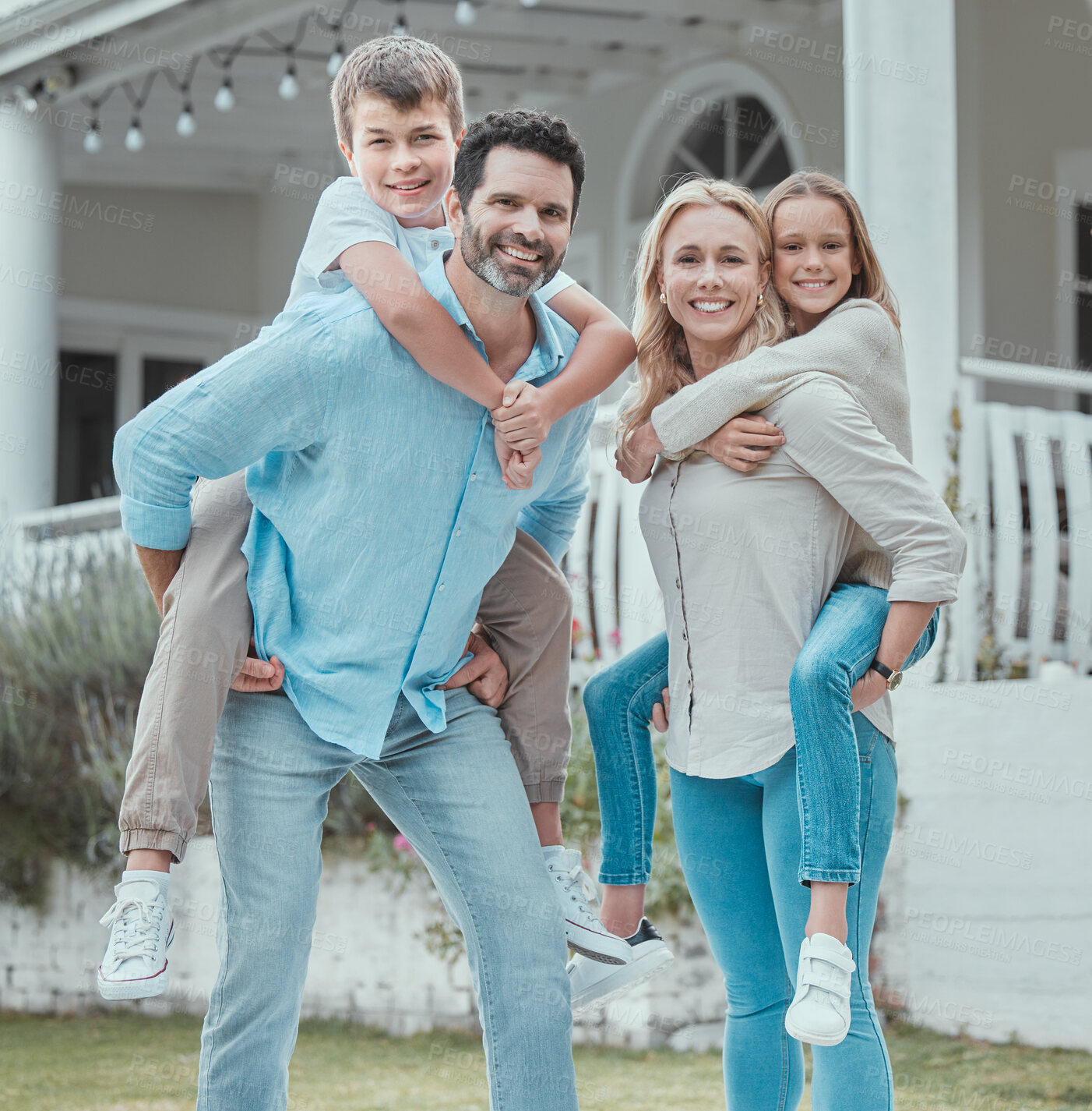 Buy stock photo Family, portrait and piggyback at home for love, relax and support together with smile on weekend. Parents, happy and carrying children at house for care, leisure and bonding with fun break in Canada