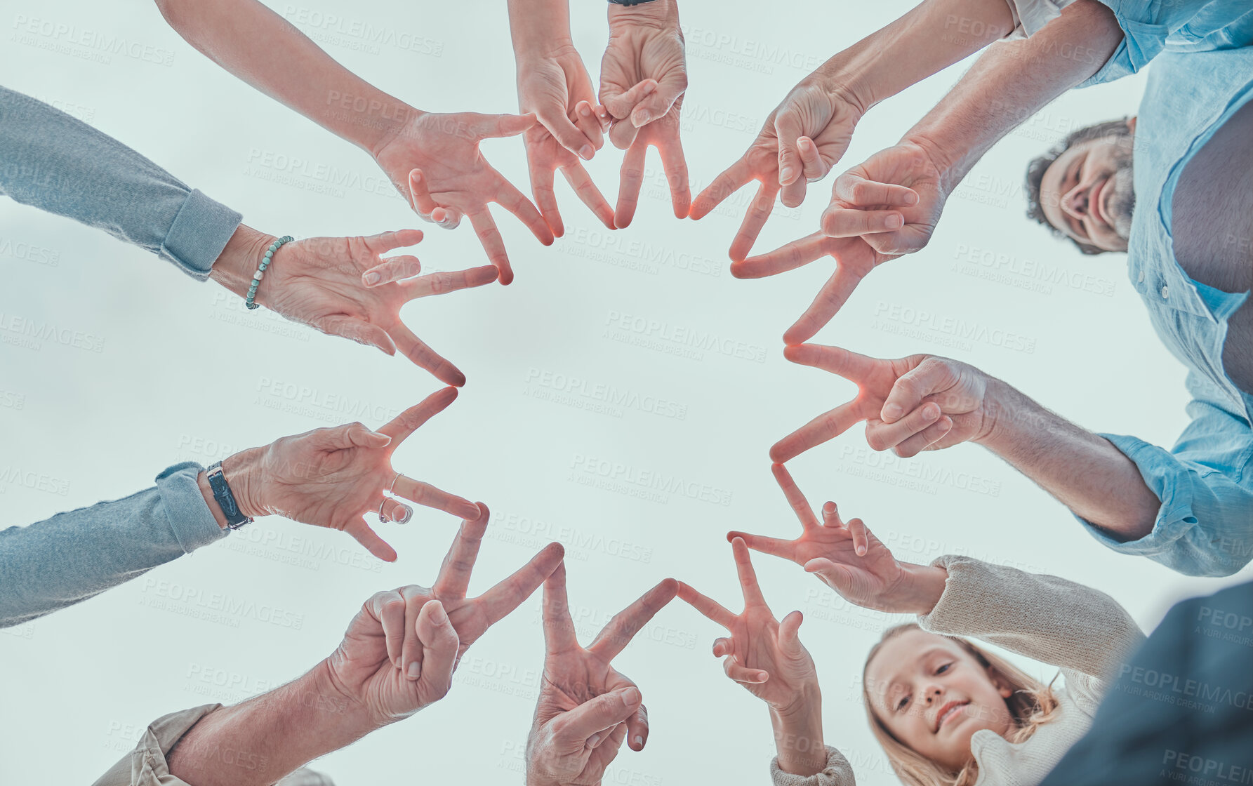 Buy stock photo Family, portrait and finger star sign for teamwork, agreement or collaboration in solidarity. Below group and people in community gathering for unity, motivation celebration or love with blue sky