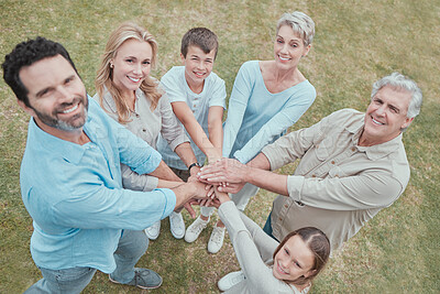 Buy stock photo Happy family, hands and portrait together for teamwork, agreement or collaboration in solidarity. Above group and people in community gathering for unity, motivation celebration or love with blue sky