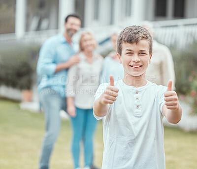 Buy stock photo Portrait, success and thumbs up of boy in garden of new home with family for property investment. Smile, support or thank you and son outdoor with senior people and parents for real estate growth