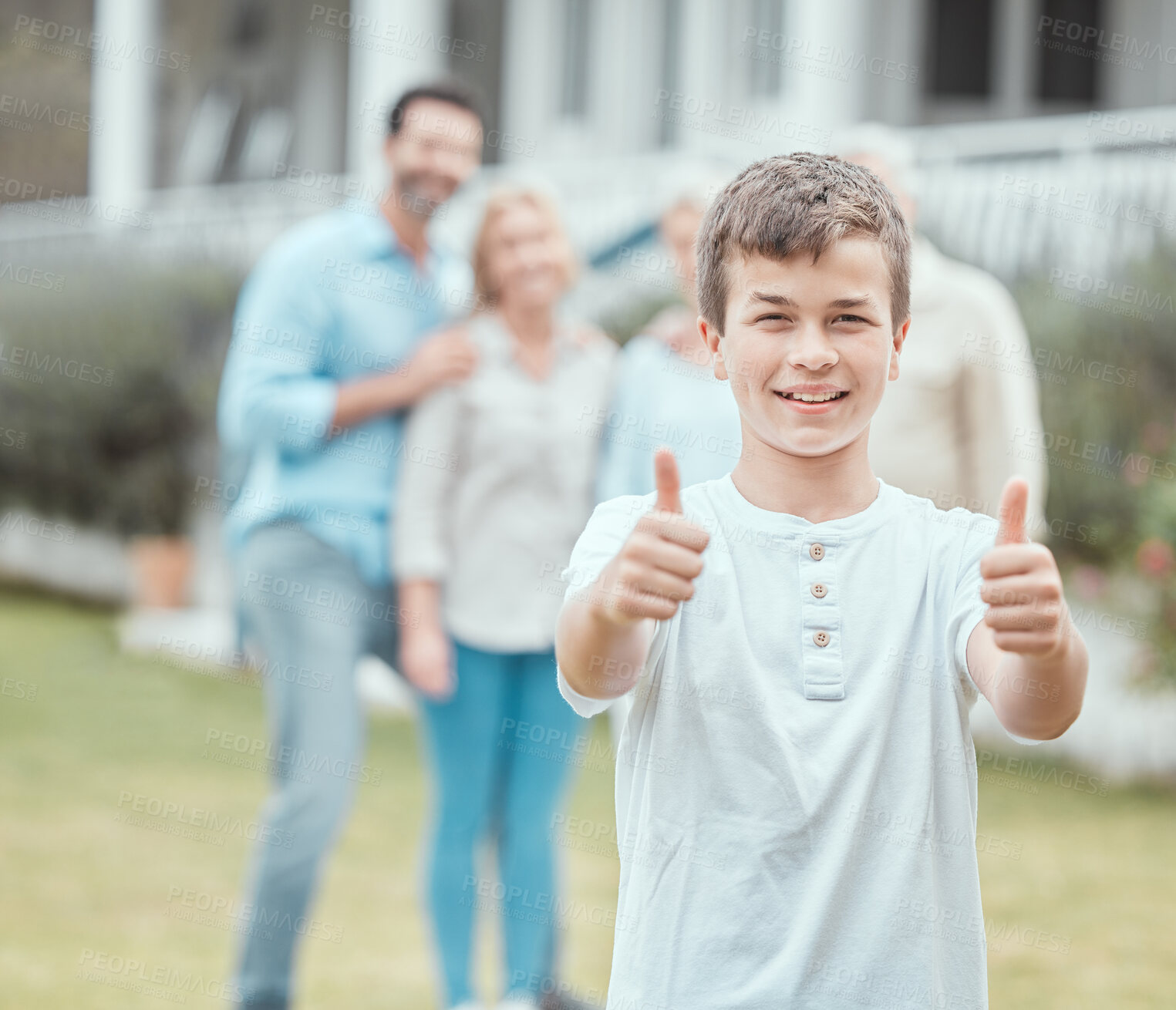 Buy stock photo Portrait, success and thumbs up of boy in garden of new home with family for property investment. Smile, support or thank you and son outdoor with senior people and parents for real estate growth