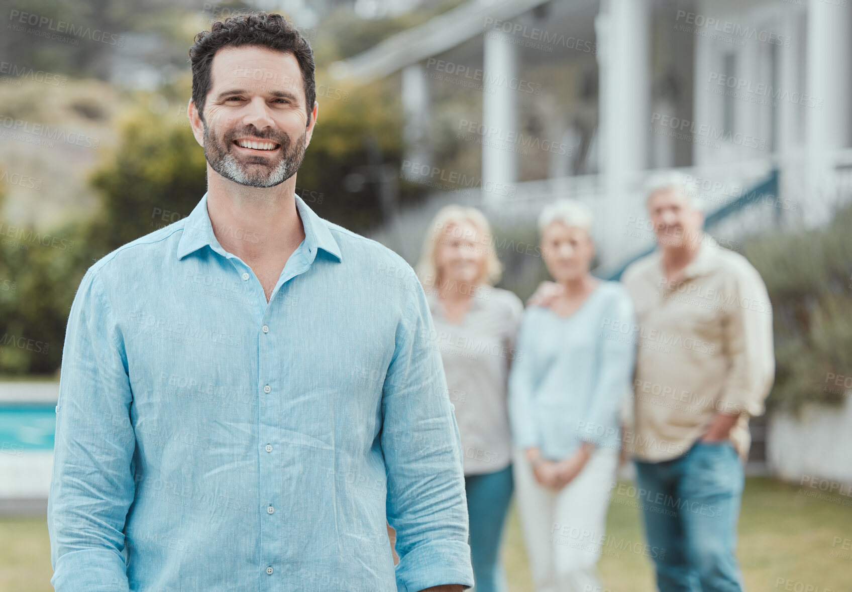 Buy stock photo Happy man, confident and portrait at backyard with family to relax in outdoor garden together. Face, insurance and proud husband by house for real estate property with people or children in Australia