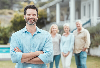 Buy stock photo Shot of a mature man standing with his arms crossed in the garden at home