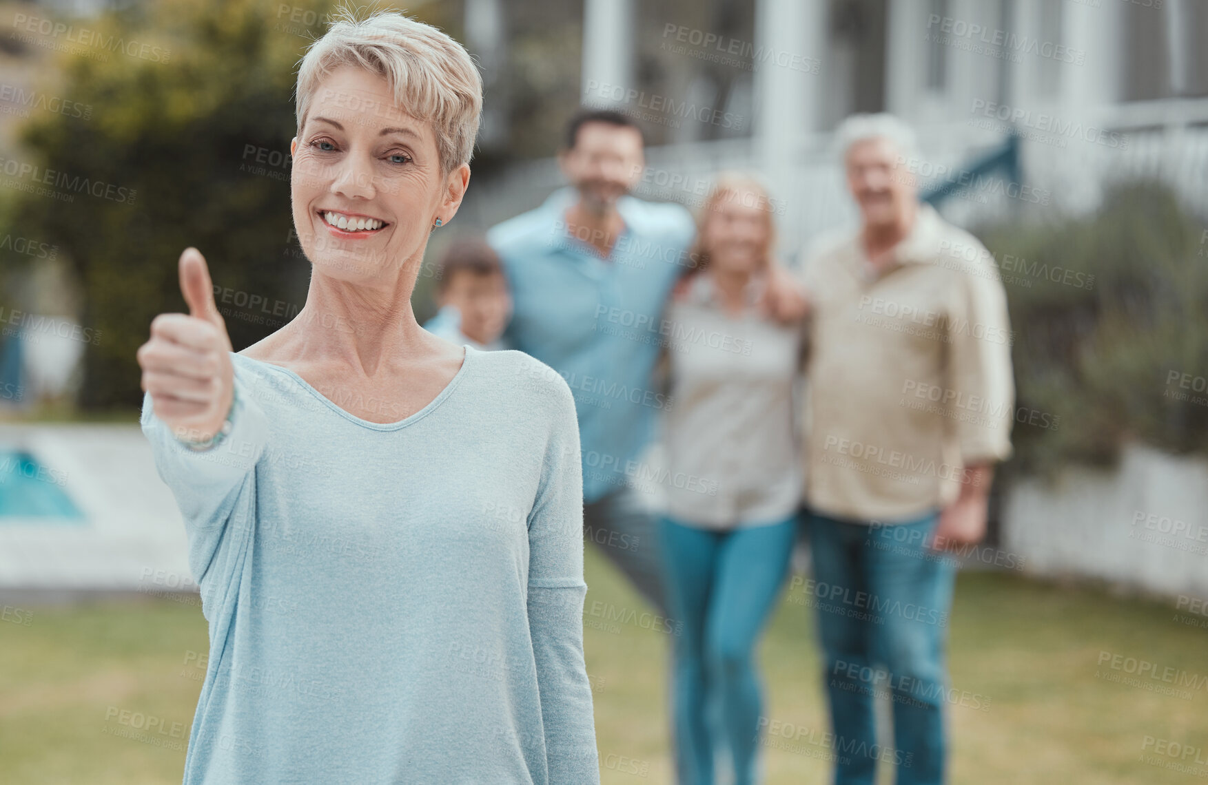 Buy stock photo Senior woman, portrait and thumbs up for support, 
family agreement or thank you in solidarity. Grandmother, yes and people in social gathering for unity, celebration or love with yes smile in garden