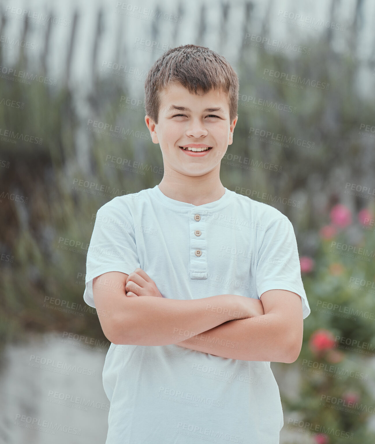 Buy stock photo Teenager, arms crossed and boy in portrait at backyard for outdoor games, vacation or holiday. Proud person, happy and kid in nature with confidence or smile for adventure to explore park in Germany