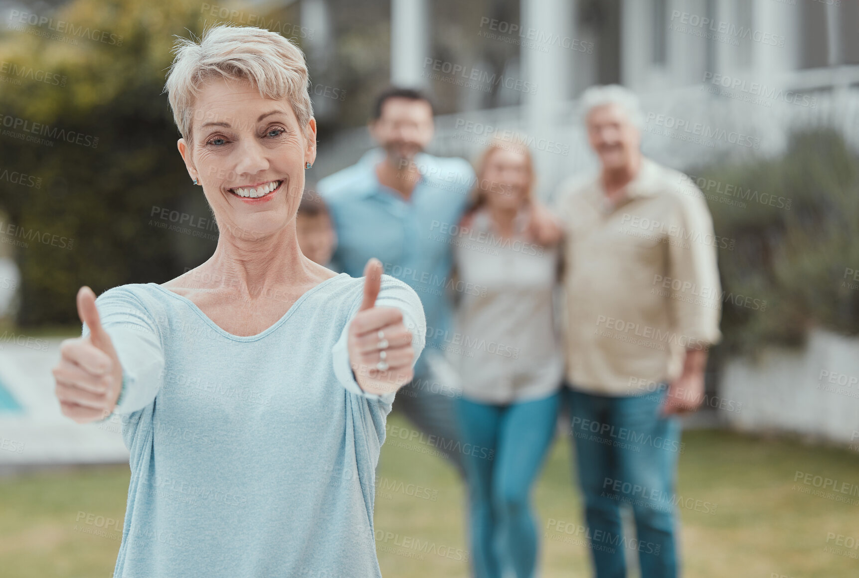 Buy stock photo Senior woman, portrait and thumbs up for family support, agreement or thank you in solidarity. Grandmother, yes and people in social gathering for unity, celebration or love with yes smile in garden