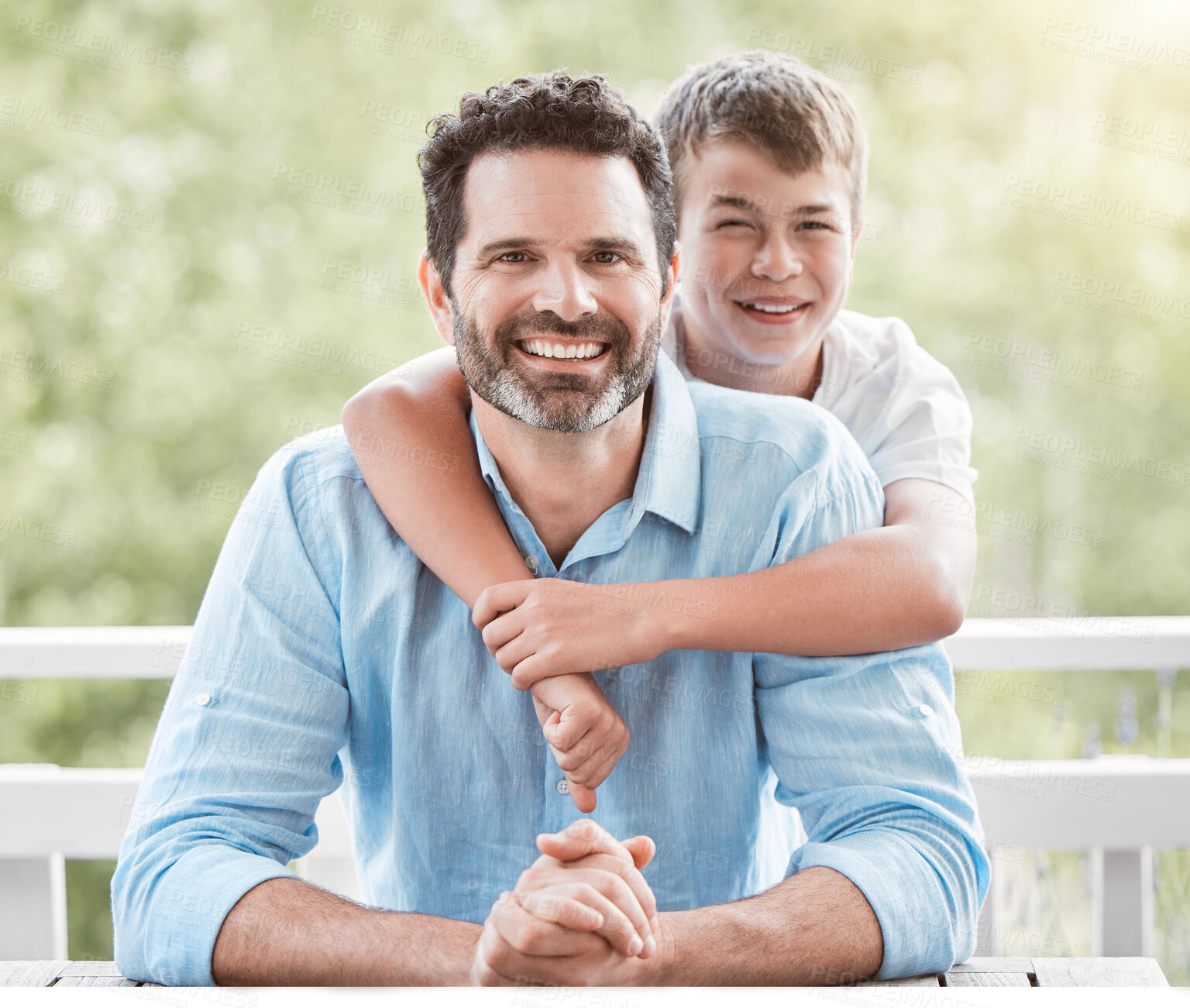 Buy stock photo Love, portrait and hug with father and son on balcony for relax, bonding and happiness. Smile, support and break with man and kid from Italy in family home for youth, peace and memory together.