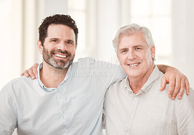 Buy stock photo Portrait of senior father with man hug for bonding, happy relationship and relax together in home. Retirement, family and elderly parent with son embrace for affection, love or support in living room