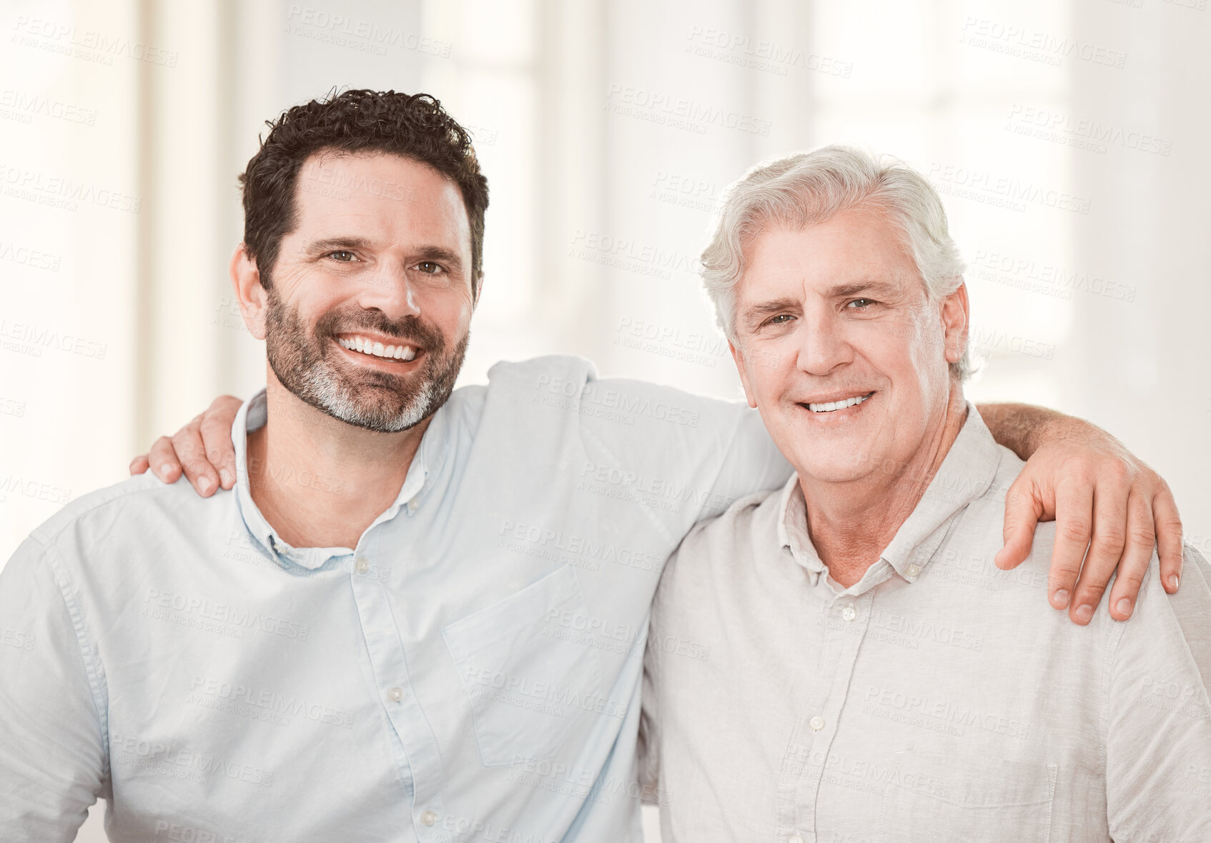 Buy stock photo Portrait of senior father with man hug for bonding, happy relationship and relax together in home. Retirement, family and elderly parent with son embrace for affection, love or support in living room