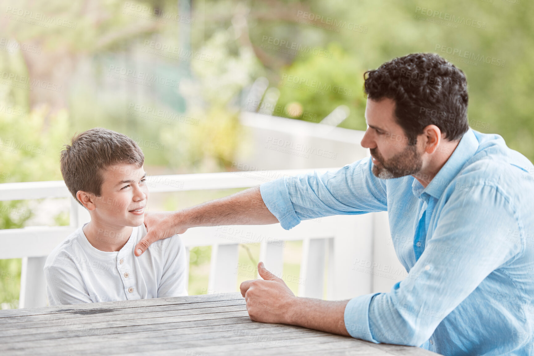 Buy stock photo Advice, support and pride with father and son for love, compassion and helping others. Conversation, mental health and trust with people in family home for talking, listening and discussion together