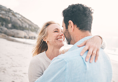 Buy stock photo Love, happy and couple hug at beach for holiday, vacation and weekend getaway for anniversary. Travel, marriage and happy mature man hugging woman for bonding, quality time and happiness by ocean