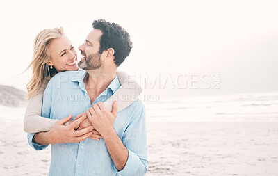 Buy stock photo Travel, happy and couple hug at beach for holiday, vacation and romantic weekend for anniversary. Love mockup, marriage and mature man hugging woman for bonding and happiness by ocean with space