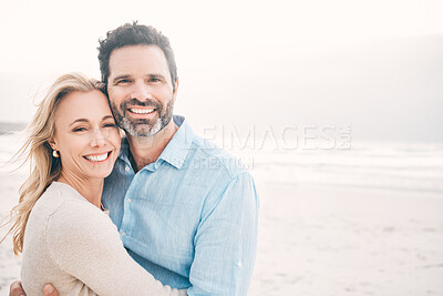 Buy stock photo Travel, hug and portrait of couple on beach with smile on holiday, vacation and weekend for anniversary. Love, marriage and happy mature man hugging woman for bonding, quality time and relax by ocean