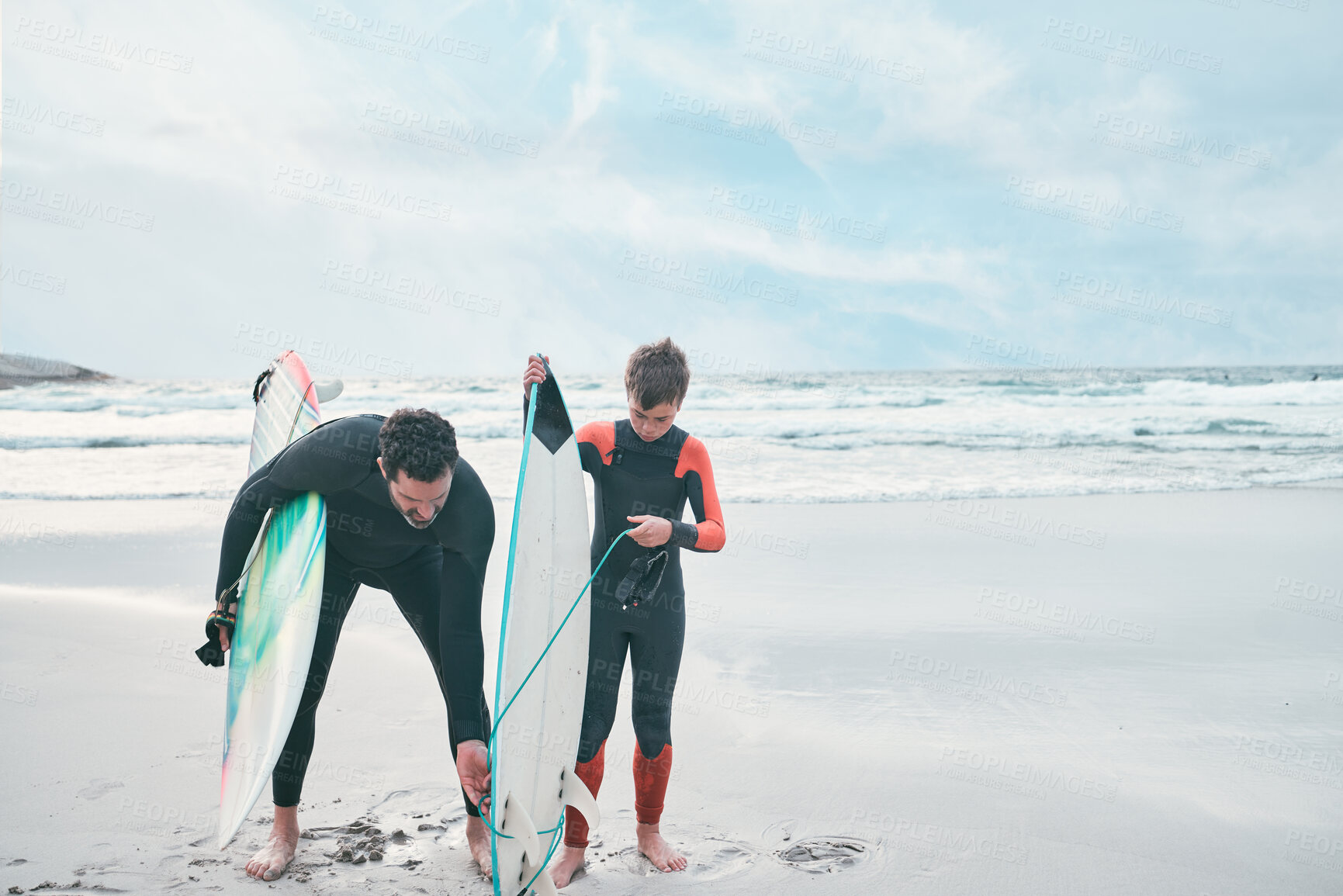 Buy stock photo Teaching, dad or child with surfboard at sea for sports or outdoor exercise for fitness, bonding or support. Help, father or kid surfer at beach for surfing, love or learning together for fun travel